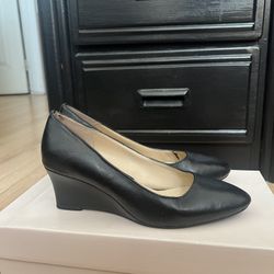 Adrienne Vittadini Rosie-I Leather Ballet Wedge Heels - Black 6M