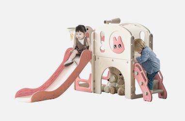 6 in 1 Toddler Slide Playset Climber Playground for Kids w/ Basketball Hoop Pink
