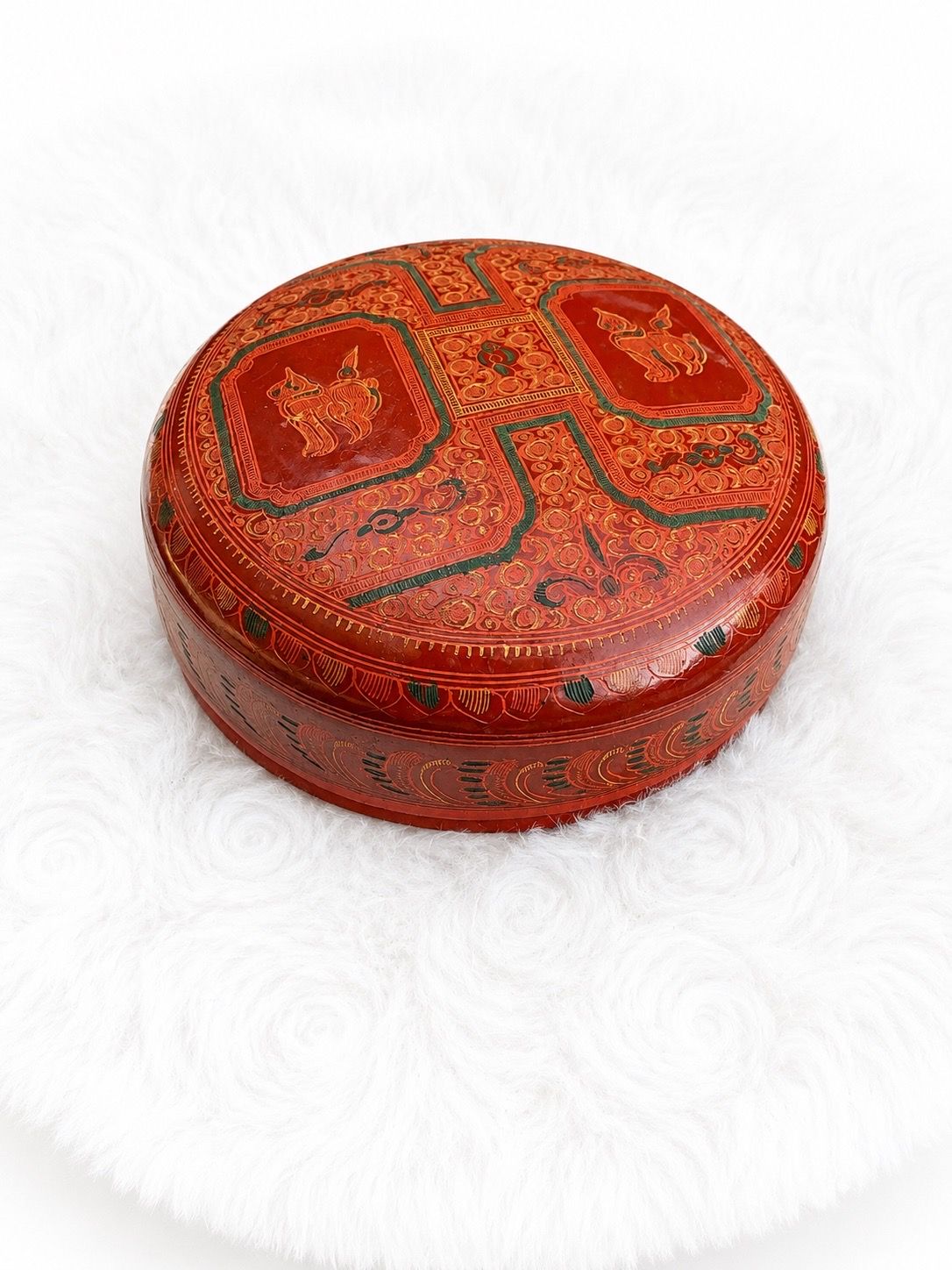 Painted Round Wooden Art Box with Lid Red/Gold/Green Heavy Pattern