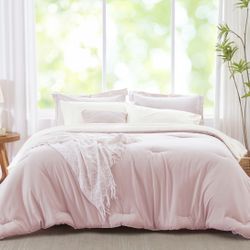 Full Size Comforter Sets for Girls, Pink and White Comforter Reversible, 6 Pieces Soft Bed in a Bag Full with Comforter, Sheets, Pillowcases & Shams, 