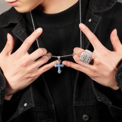 Hip-hop new blue zircon cross men's necklace fashionable all-match heavy punk sweater chain