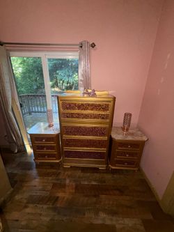 Set of Gold dresser and 2 night stand