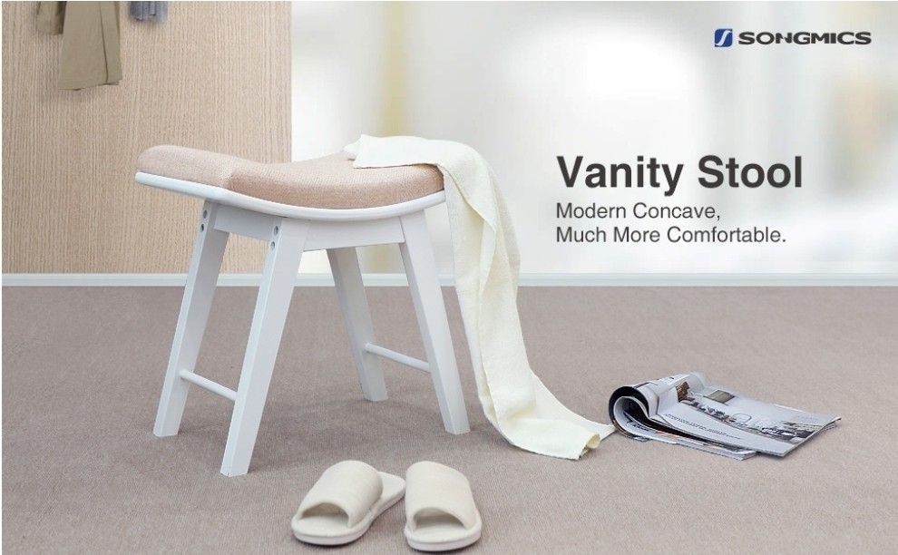 Vanity Stool, Modern Concave Seat Surface Makeup Dressing Stool Padded Bench with Rubberwood Legs, Capacity 286lb, Easy Assembly, White