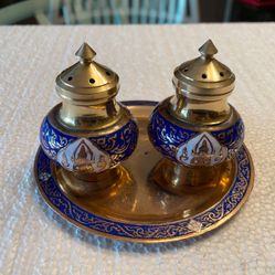 Set Of Brass And Enameled Salt/pepper Shaker With Tray 