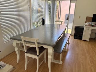 Dining table, 2 chairs and 2 benches