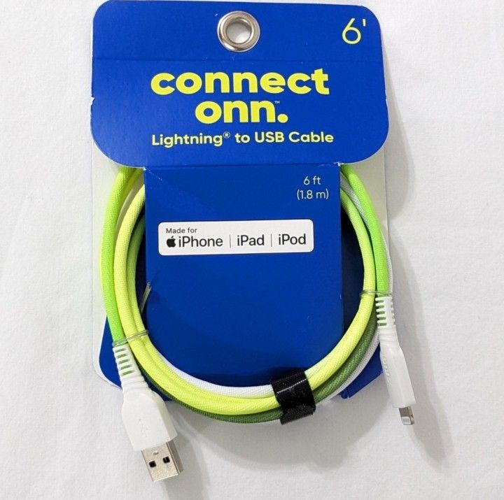 NEW Connect Onn. 6 ft. Yellow, Green, & White Lightning to USB Cable
