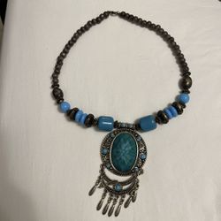 Vintage Faux Turquoise Blue Pendant Necklace Silvertone Accents