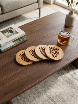 Four Wooden drink coaster set Intricate, stylized bison/buffalo head silhouette