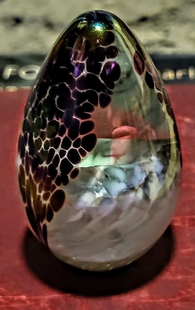 Signed GLASS EYE STUDIO 2004 GES Paperweight Iridescent Multi Floral Art Glass Egg