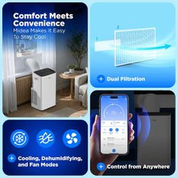 Midea 8,000 BTU Smart Portable Air Conditioner for Rooms up to 350 Sq. Ft. with Remote, 3 Speeds, Dual Filter, Wi-Fi in White