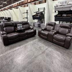 Power Reclining Sofa Power Motion + Built in USB Port + Adjustable Headrest + Storage + Cup Holders + Wireless Charging Console + Overhead Lighting