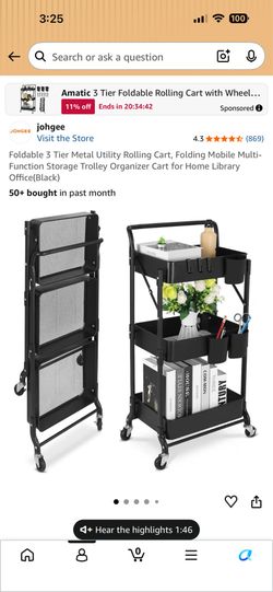 Foldable 3 Tier Metal Utility Rolling Cart