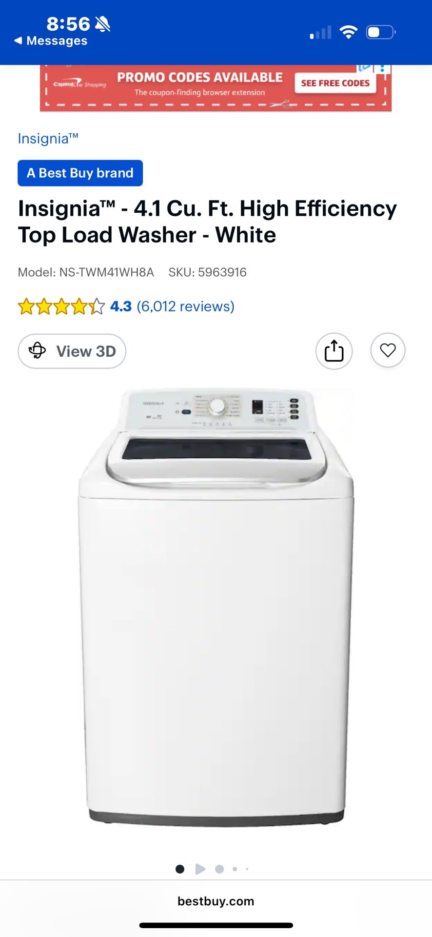 Insignia 4.1 Cu. Ft. High Efficiency Top Load Washer