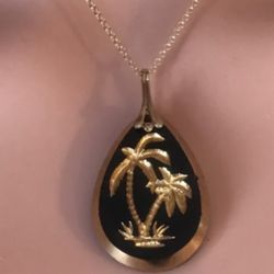 Vintage Jet Black Glass Gold Palm Tree Charm Pendant Necklace 