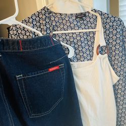 Beautiful Outfit Navy Fringed Wrap•white Body Suit & Guess Jean Skirt Size 10••outfit