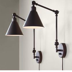 360 Lighting Wray Modern Industrial Vertical Adjustable Swing Arm Plug in Wall Lights Set of 2 Lamps Dark Bronze Light Fixture Up Down Sconce Bedroom 