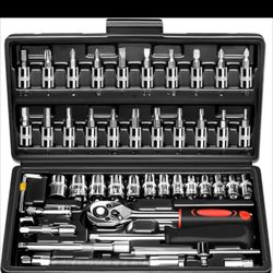 46-Pieces 1/4 Inch Drive Socket Ratchet Wrench Set Metric Bit Socket Extension Bar Hand Tools Case Pack Auto Repair Garden Use
