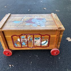 Vintage Large Wooden Toy Box Toy Wagon On Wheels Circus Train Monkey Lion Clowns 32” long  18 3/4” deep  19 1/4” tall 