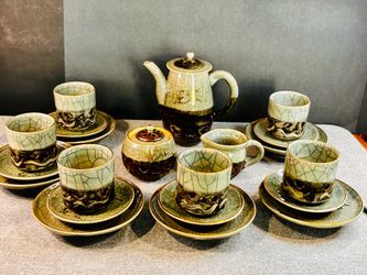 Vintage Japanese Somayaki Golden Horse 21-Piece Pottery Tea Set
