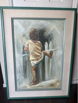Original Oil Painting on Canvas — Child Climbing Fence, Signed (T. Azouz)