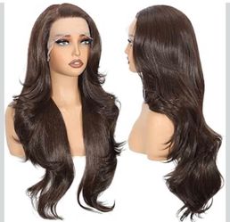 Brown 13x4 HD Lace Front Wigs, Long Layered Body Wave Synthetic Wig for Women, Glueless Pre-Plucked Natural Hairline, Heat Resistant Fiberr for Party 