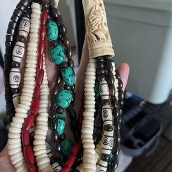 Hand Carved Bone Red Coral Turquoise Genuine Stone Necklace Vintage
