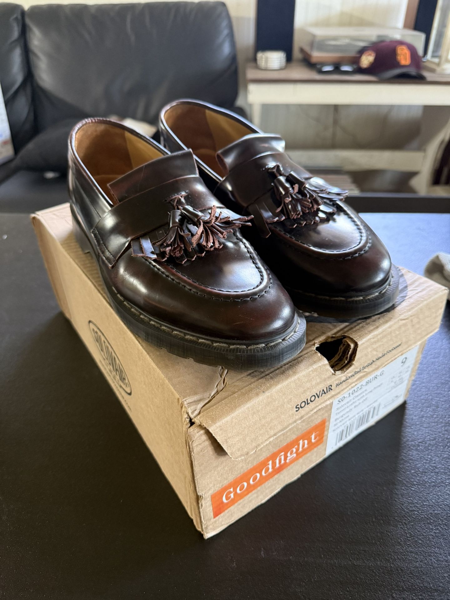 Solovair Tassel Loafers - Burgundy Rub-Off, Size 10 US (9 UK) - Handcrafted in England