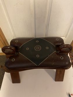 Vintage Egyptian Camel Saddle Stool Tooled Leather & Wood Footstool Ottoman