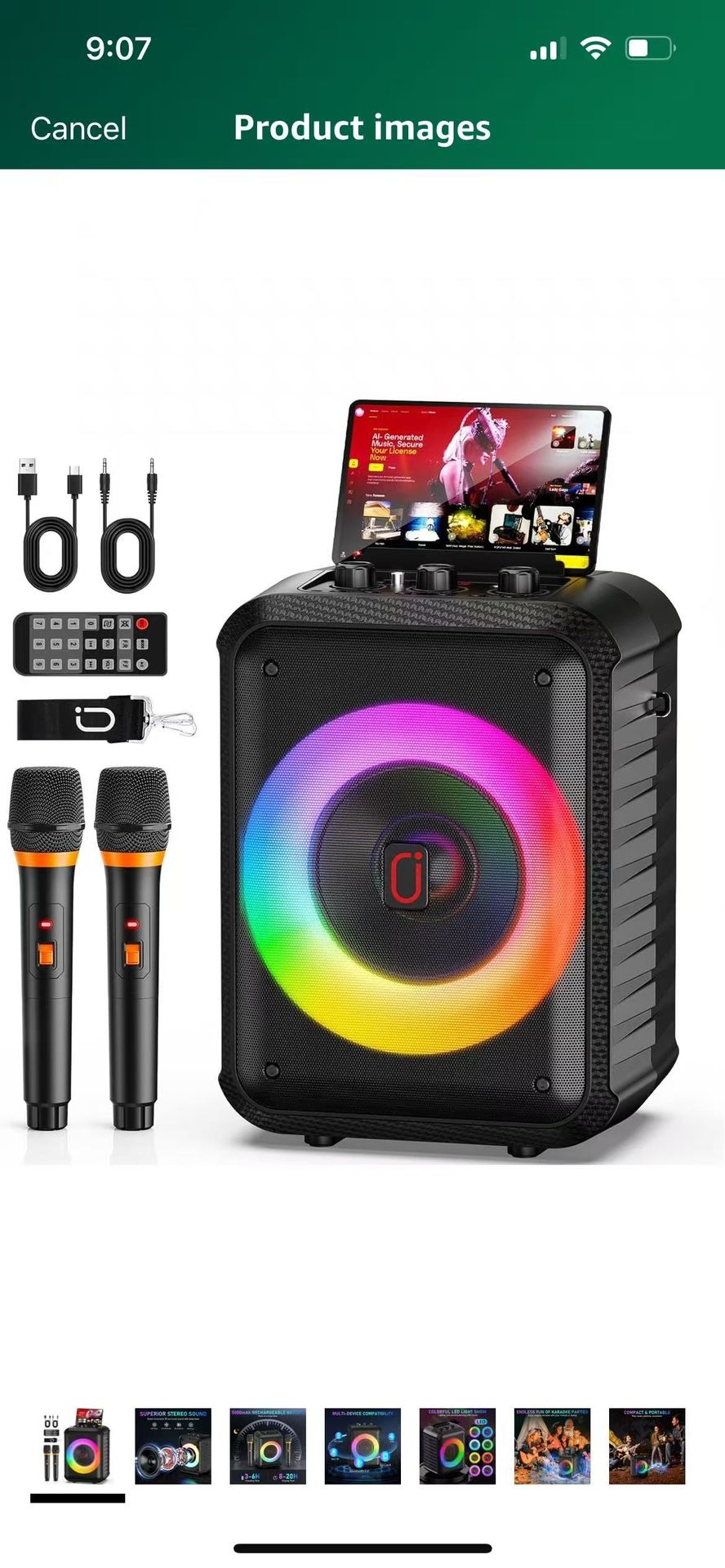 Karaoke Machine, Portable Bluetooth Speaker with 2 Wireless Microphones, RGB Lights, Echo, 30W 5.25"