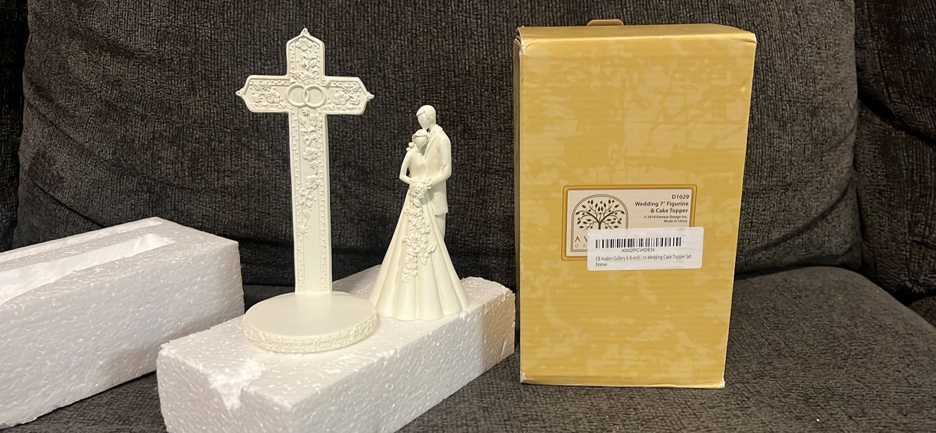 CB Avalon Gallery 6.9-inch Couple with Cross and Wedding Rings 2-Piece Wedding Cake Topper