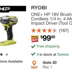 New In Box Ryobi 18v Brushless 1/4” Impact 