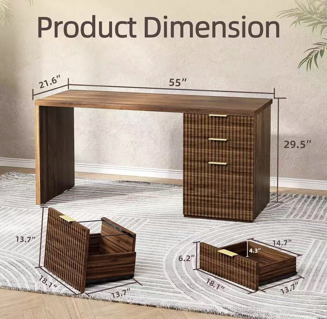 ✌️ 55"W Modern Executive Desk with 3 Drawers, Office Desk with File Cabinet for Letter&A4 Size, Computer Writing Desk, Black Walnut