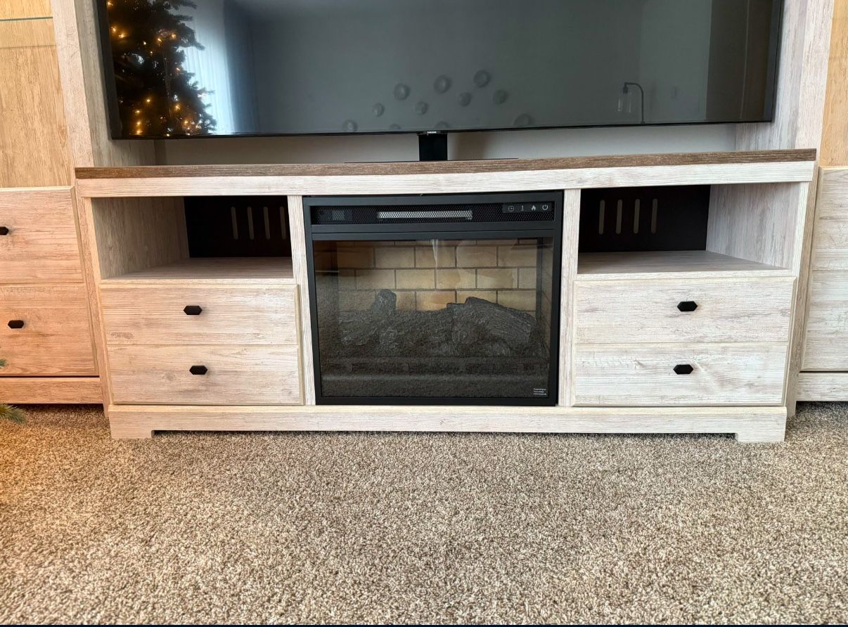 TV Stand Media Console with 2 Storage Bookcases with electricfire place