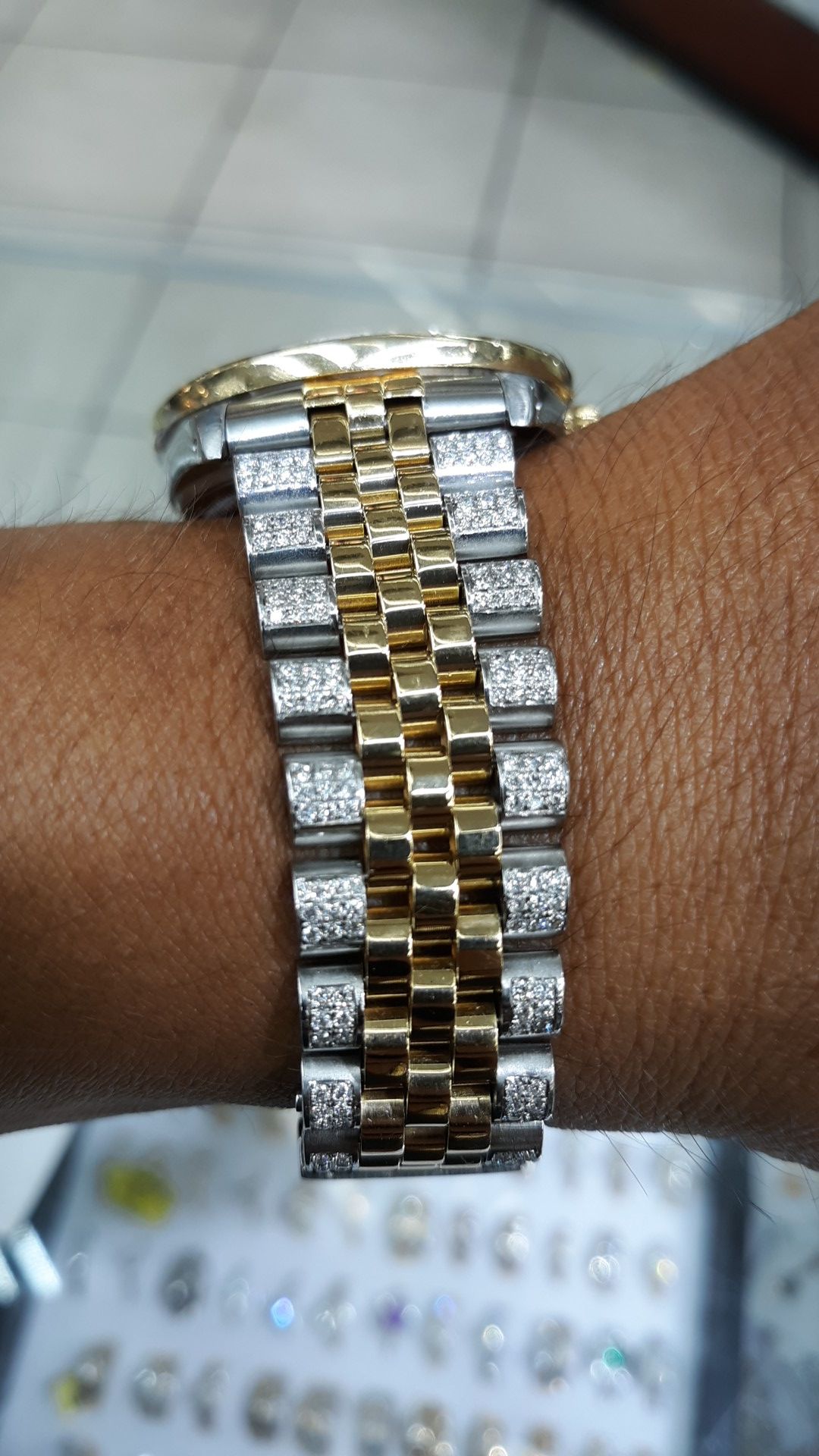 18k gold rolex tone stainless steel date just bust down diamonds