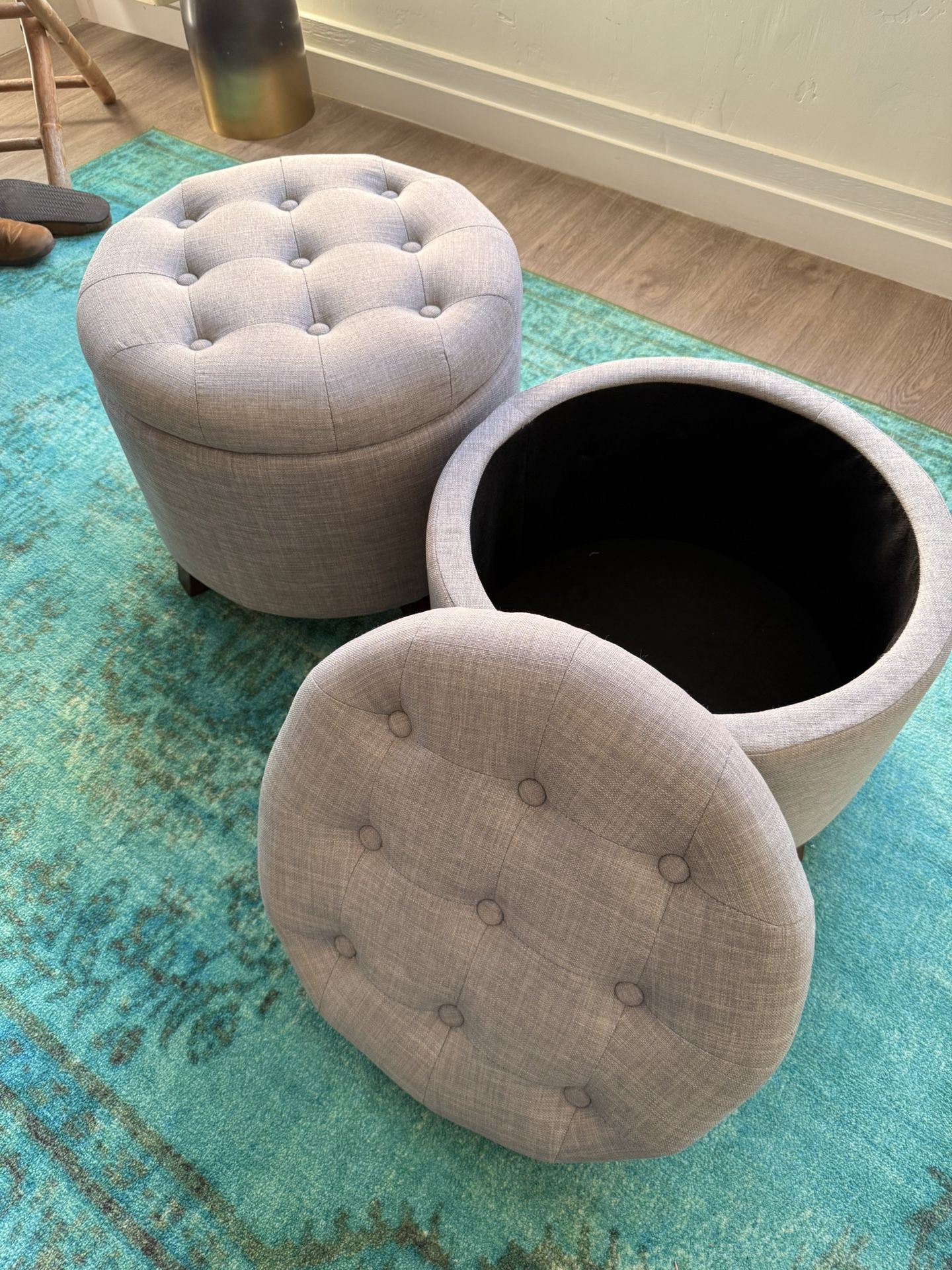 Grey Round Tufted Storage Ottomans (2)