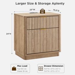 23'' Fluted Nightstand with Charging Station, Large 2 Drawer Bedside Table, Modern End Table with Storage, Mid Century Night Stand for Bedroom, Living