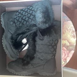 Coach Jennie Rabbit Fur Trimmed Snow Boots Logo Jacquard