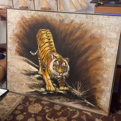 XXL vintage Tiger oil Painting framed  Oil on canvas