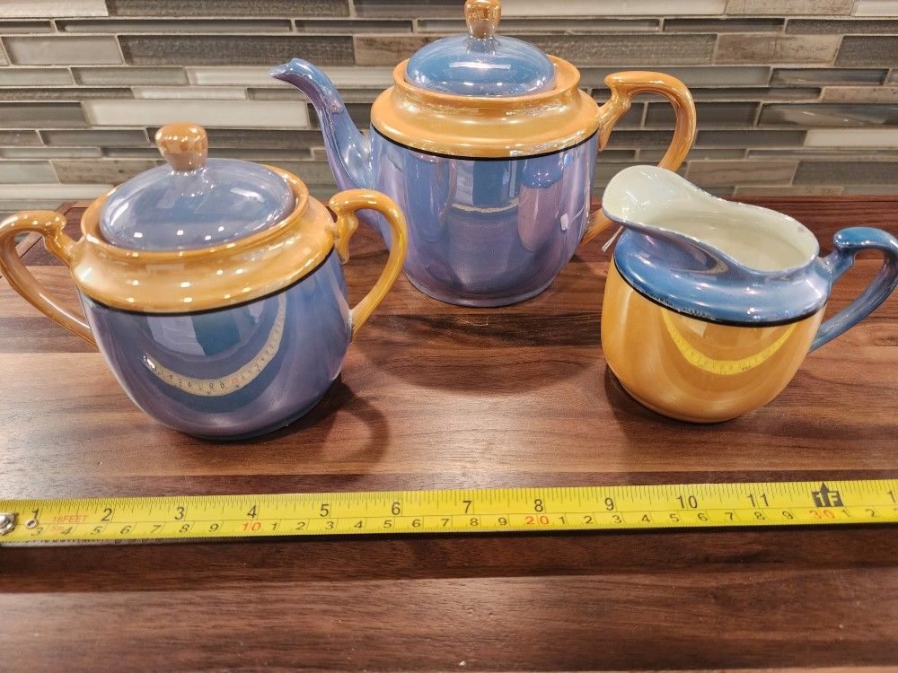 Vintage Hotta Yu Co Peach Blue Lusterware Hand painted Tea Set Japan