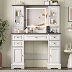 Makeup Vanity Desk with Mirror and Lights, Farmhouse Vanity Table Set with 6 Drawer&Charging Station