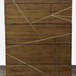 Tall 5-Drawer Dresser - Wood with Gold Geometric Inlay