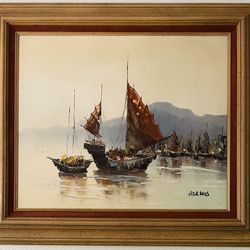 Framed Signed Boats Canvas Painting 32” X 28”