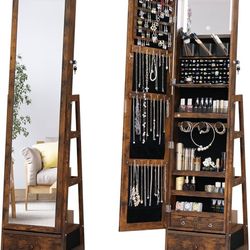 360 Swivel Full Length Mirror Jewelry Cabinet - Standing Armoire With Built-In Mirror & 3 Lockable Drawers (Rustic Brown) - Perfect for Her