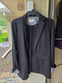 Ladies black w plaid accent cuffs blazer. Like new