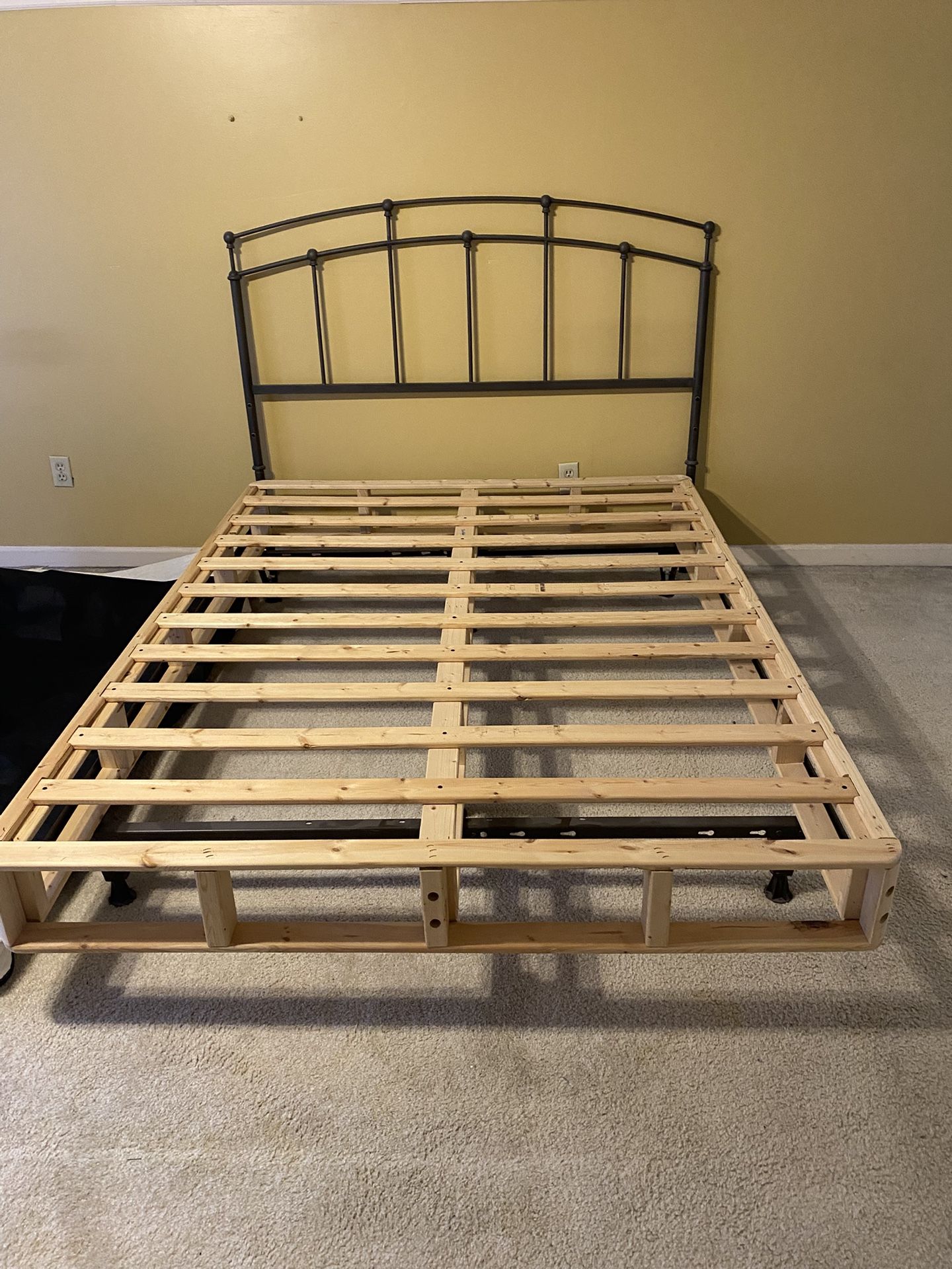 Queen size bedframe, and wood boxspring with cover