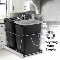 Sliding Pull Out Double Trash Bins 35 Quart Kitchen Cabinet Black