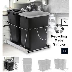 Sliding Pull Out Double Trash Bins 35 Quart Kitchen Cabinet Black