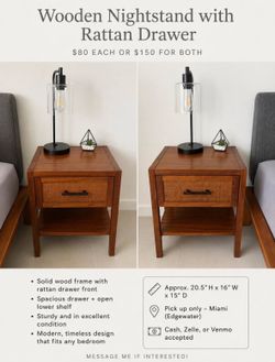 Wooden Nightstand with Rattan Drawer