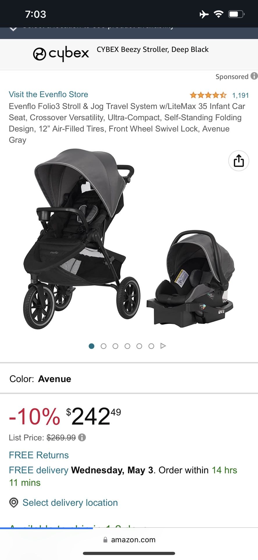 Evenflo Folio3 Stroll Jog Travel System w/LiteMax 35 Infant Car