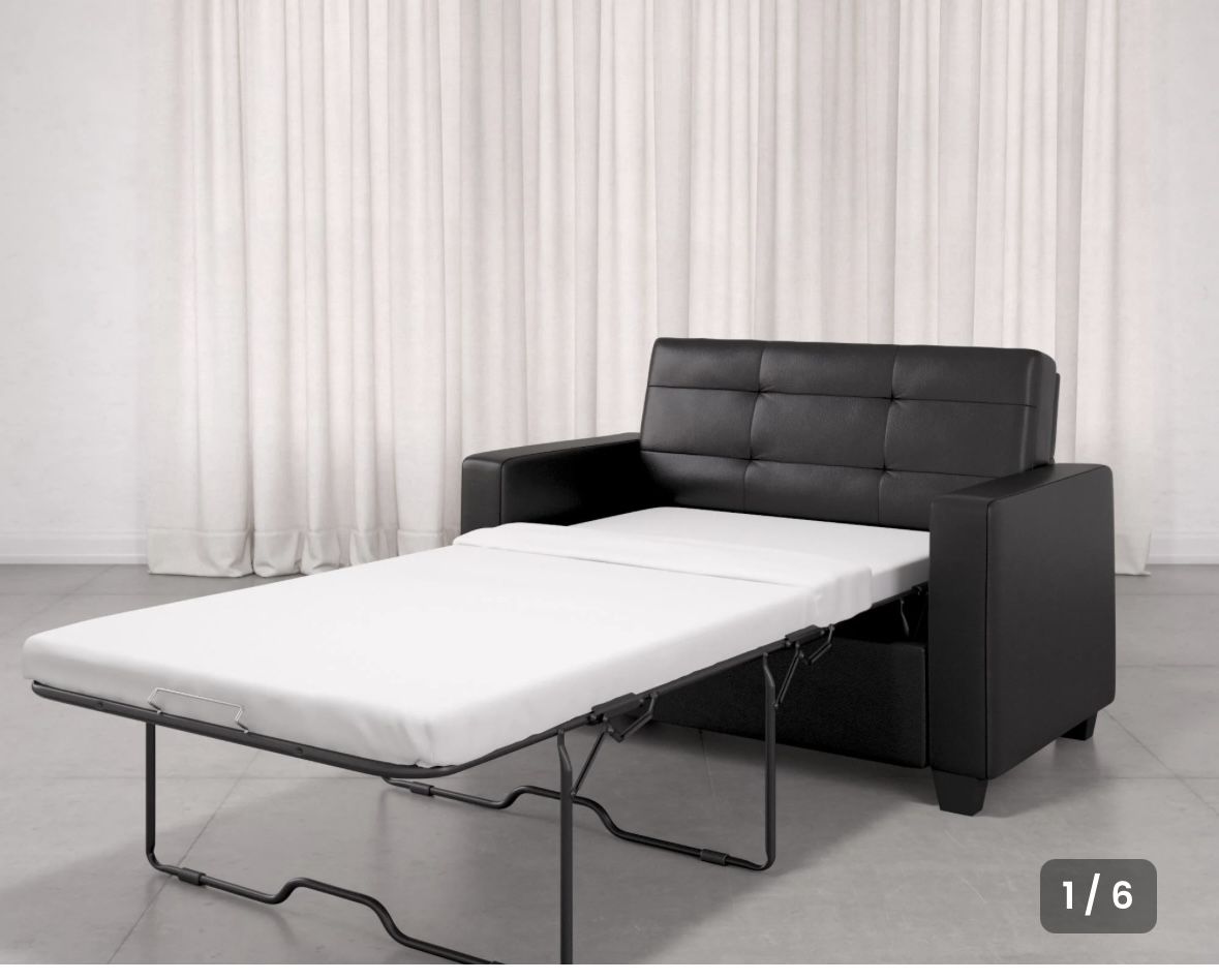  Loveseat Sleeper Sofa with Twin Memory Foam Mattress, Black Faux Leather